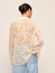 Long-Sleeve Lace Polo Collar Cotton-Blend Shirt