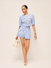 Floral Embroidered Button-Front Cropped Top