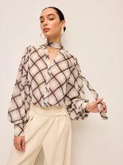 Long-Sleeve Plaid Chiffon Shirt With Neck-Tie Detail