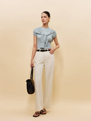 Wool-Blend Ribbed Knit Top With Tied Shawl Detail