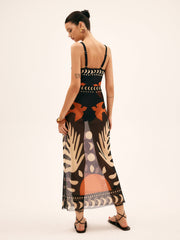 Bird Print Mesh Cover Up Maxi Skirt