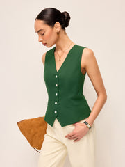 Cotton & Linen Asymmetric Button Vest With Back Bow