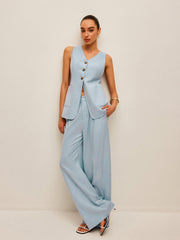 Cotton & Linen Tie-Back Vest With Pants Set