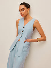 Cotton & Linen Tie-Back Vest With Pants Set