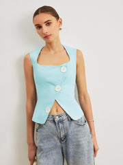 Cotton & Linen Asymmetrical Design Sleeveless Vest