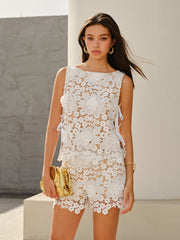 Sleeveless Lace Top With Floral Patterns And Side Ties