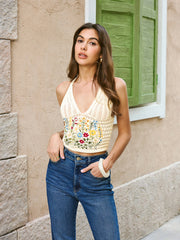 Halter Embroidery Tie-Back Top