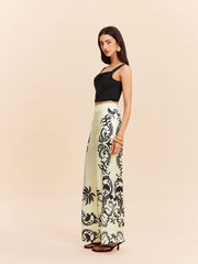 High-Waist Tropical Print Satin Pants
