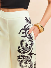 High-Waist Tropical Print Satin Pants