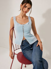 Button-Front Lace Trimmed Top