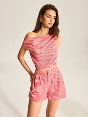 Gingham One-Shoulder Top and Shorts Set