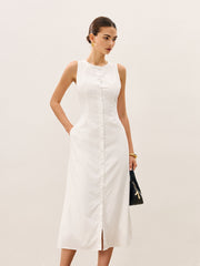 Cotton & Linen Button-Front Sleeveless Dress Without Belt