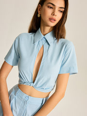 Tie-Front Cropped Shirt and Pocketed Shorts Set