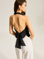 3D Floral Backless Bow Halter Top