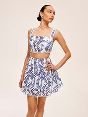 Embroidered Lace Trim Skirt Set