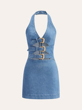 Halter Neck Buckle Detail Denim Dress