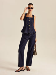 Denim Metal Button Peplum Top and Pants Set