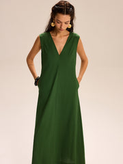 Linen & Cotton Pocketed V-Neck Maxi Dress