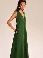 Linen & Cotton Pocketed V-Neck Maxi Dress