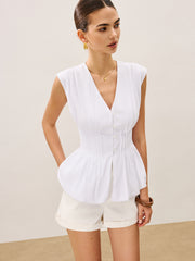 Pleated Peplum V-Neck Blouse