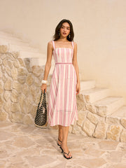 Striped Linen & Cotton Tiered Midi Dress