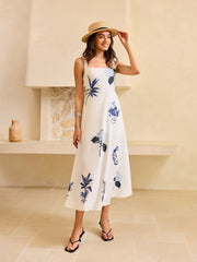 Tropical Print Square Neck Midi Dress