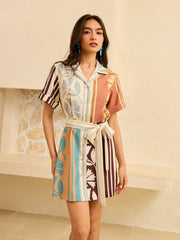 Abstract Print Belted Striped Dress