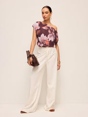 One-Shoulder Floral Belted Blouse