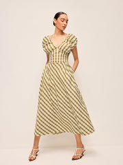 Sweetheart Neck Puff Sleeve Plaid Dress Without Belt