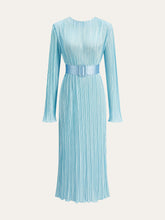 Semi-Sheer Belted Pleated Long-Sleeve Midi Dress