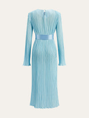Semi-Sheer Belted Pleated Long-Sleeve Midi Dress