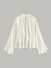Stand Collar Button Ruffle Peplum Blouse