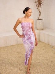 Strapless Floral Print Split Dress