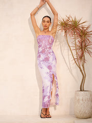 Strapless Floral Print Split Dress