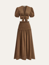 Puff-Sleeve Crop Top and Smocked-Waist Midi Skirt Set