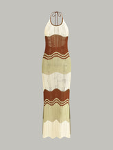 Semi-Sheer Contrast Stripe Crochet Halter Maxi Dress