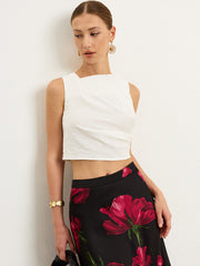 Asymmetric Pleated Textured Fabric Top