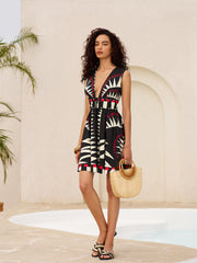 Geometric Graphic V-Neck Tie-Waist Zipper Sleeveless Dress