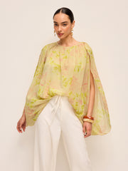 Semi-Sheer Chiffon Floral Drape Sleeve Blouse