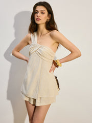 One-Shoulder Linen & Cotton Shorts Set