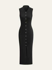 Ribbed Knit Button-Down Midi Dress