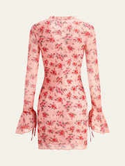 Semi-Sheer Printed Deep V Dress