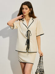 Contrast Trim Tie-Front Skirt Set