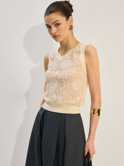 Semi-Sheer Ribbed V-Neck Knit Vest