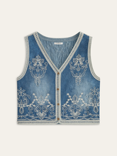 Embroidered Denim Button Vest