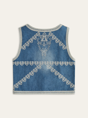 Embroidered Denim Button Vest