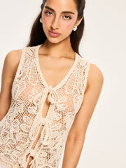 Sheer Crochet Tie-Front Cardigan