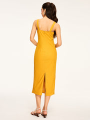 Cotton & Linen Shirred Midi Dress