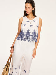Embroidered Cropped Top and Wide-Leg Pants Set