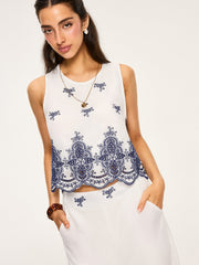 Embroidered Cropped Top and Wide-Leg Pants Set